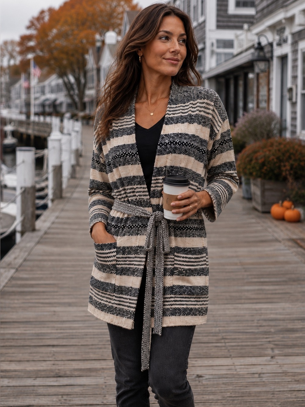 Eileen Fisher Coastal Striped Organic Cotton Belted Sweater Coat Cardigan Small